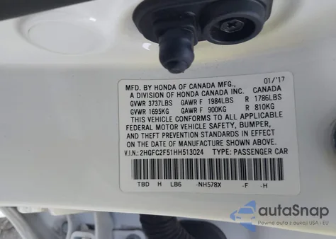 2017 Honda Civic Lx z USA, uszkodzony, nr VIN 2HGFC2F51HH513024